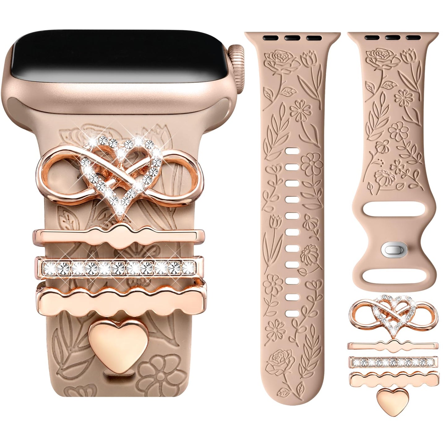 Flower Engraved Band Compatible with Apple Watch Bands for Women 40mm 38mm 41mm, Soft Silicone Band with Decorative Apple Watch Charms for iWatch Series 9 8 7 6 5 4 3 2 1 SE (With Band)