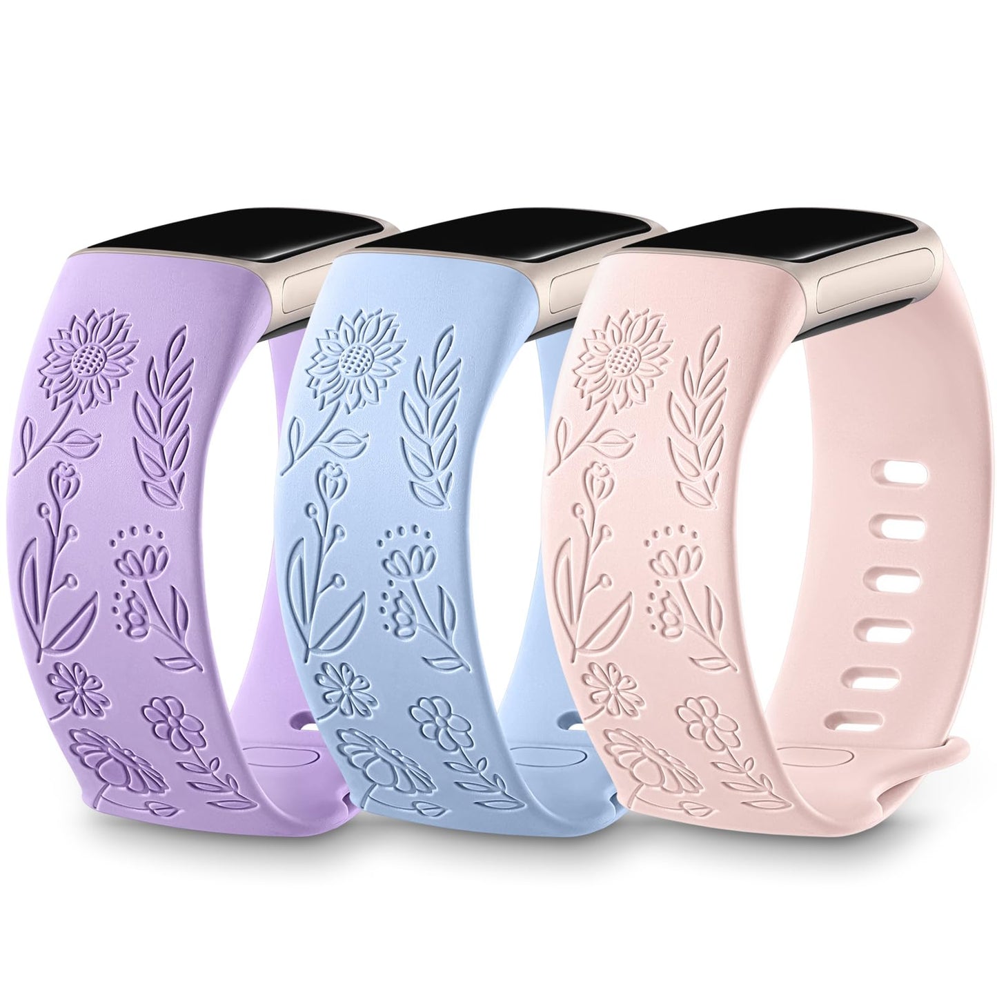 3 Packs Floral Engraved Band Compatible with Fitbit Charge 6 Bands/Fitbit Charge 5 Bands Women, Cute Soft Silicone Sunflower Pattern Sport Designer Fancy Summer Strap for Charge 6/5