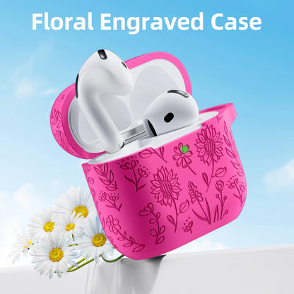 For Airpods 4 Case with Cleaner Kit, Cute Flower Engraved Silicone Protective Case Cover with Keychain Compatible with Apple Airpods 4 Case for Women