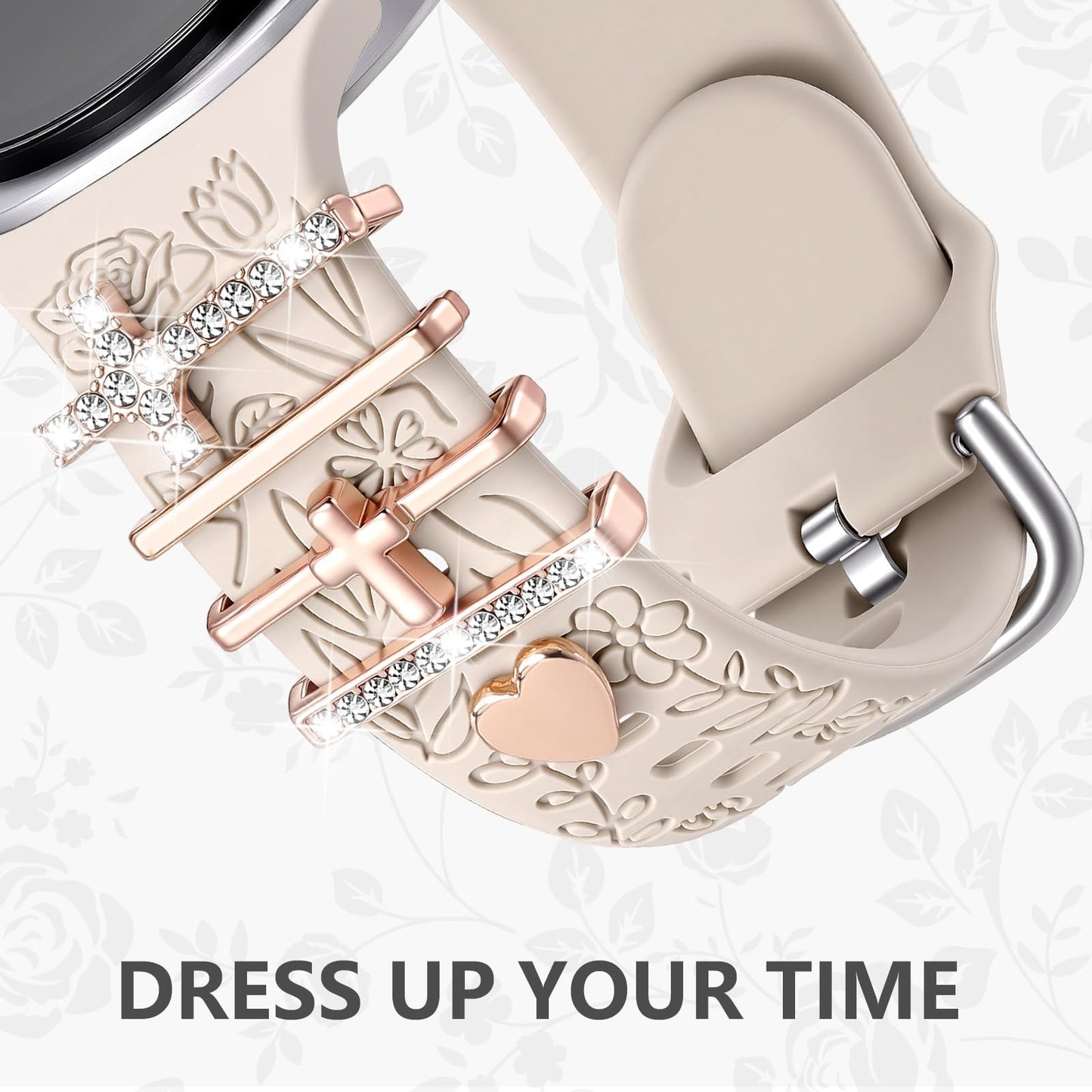 Comvin Flower Engraved Band Compatible with Samsung Galaxy Watch 8 Band 40mm 44mm/Galaxy Watch 8 Classic 46mm, Cute Soft Silicone Band with Charms Accessories for Women (With Band)