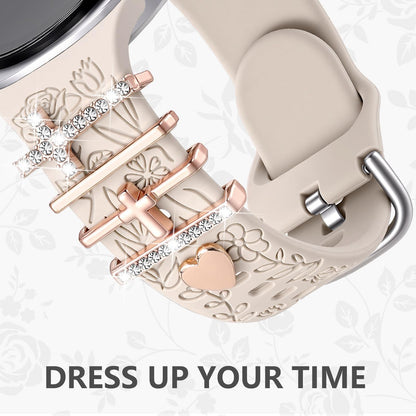 Comvin Flower Engraved Band Compatible with Samsung Galaxy Watch 8 Band 40mm 44mm/Galaxy Watch 8 Classic 46mm, Cute Soft Silicone Band with Charms Accessories for Women (With Band)