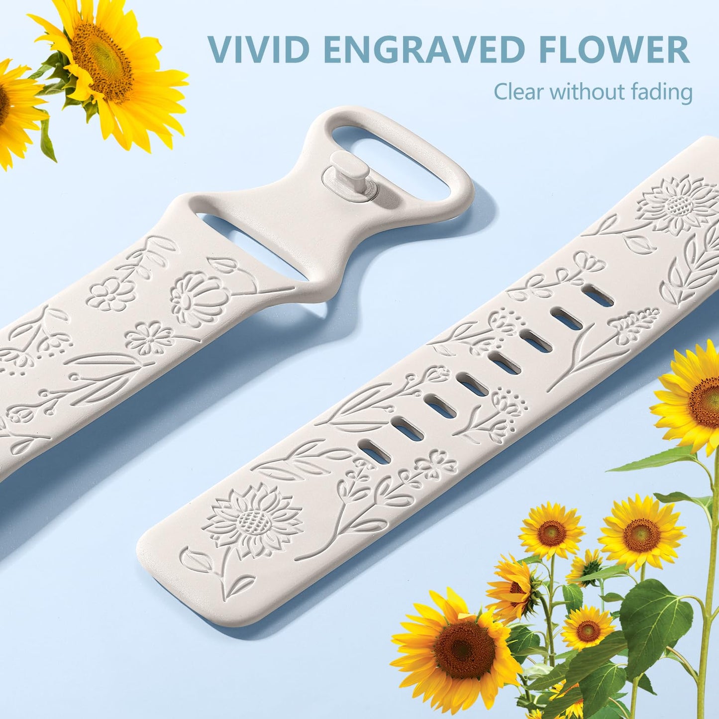 3 Packs Floral Engraved Band Compatible with Fitbit Charge 6 Bands/Fitbit Charge 5 Bands Women, Cute Soft Silicone Sunflower Pattern Sport Designer Fancy Summer Strap for Charge 6/5