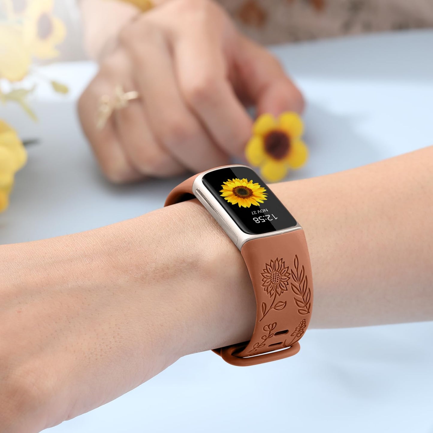 3 Packs Floral Engraved Band Compatible with Fitbit Charge 6 Bands/Fitbit Charge 5 Bands Women, Cute Soft Silicone Sunflower Pattern Sport Designer Fancy Summer Strap for Charge 6/5