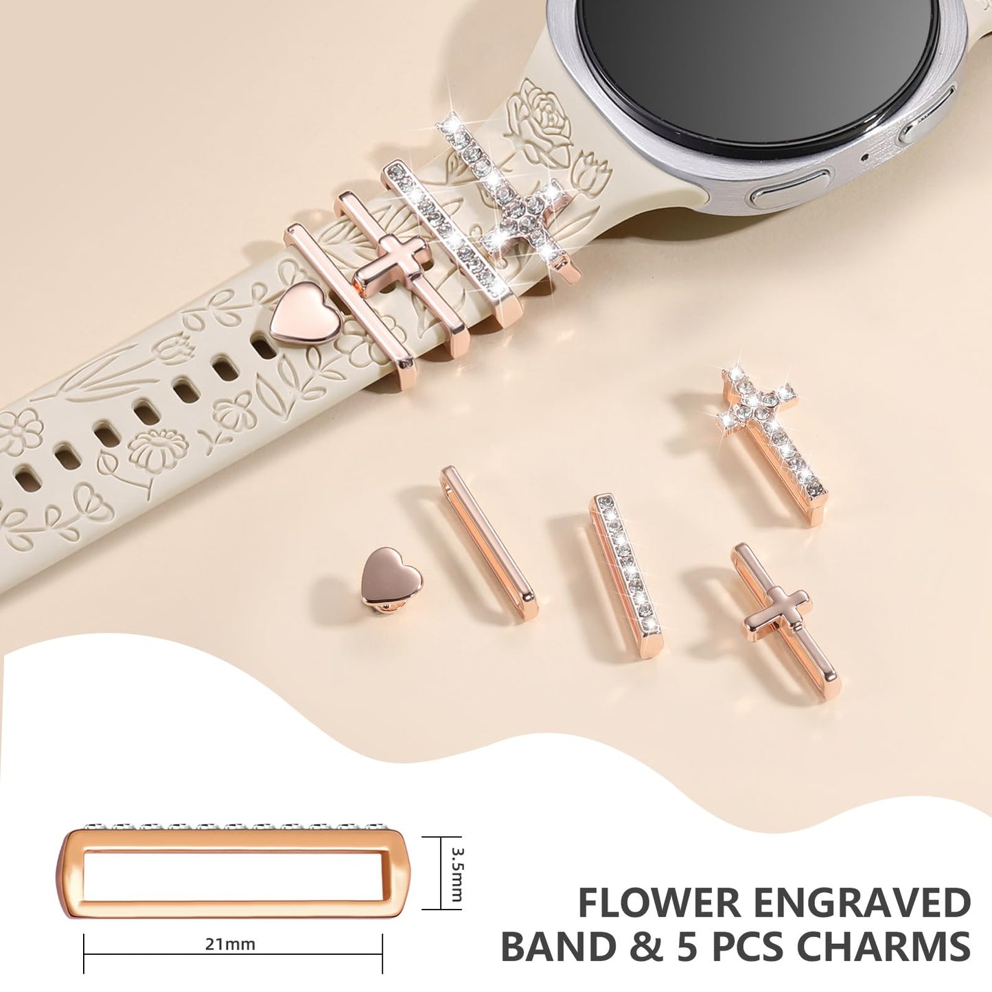 Comvin Flower Engraved Band Compatible with Samsung Galaxy Watch 8 Band 40mm 44mm/Galaxy Watch 8 Classic 46mm, Cute Soft Silicone Band with Charms Accessories for Women (With Band)
