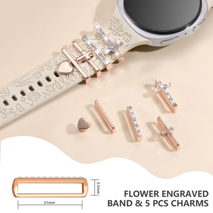 Comvin Flower Engraved Band Compatible with Samsung Galaxy Watch 8 Band 40mm 44mm/Galaxy Watch 8 Classic 46mm, Cute Soft Silicone Band with Charms Accessories for Women (With Band)