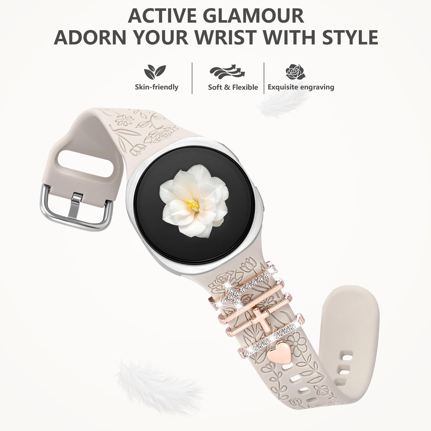 Comvin Flower Engraved Band Compatible with Samsung Galaxy Watch 8 Band 40mm 44mm/Galaxy Watch 8 Classic 46mm, Cute Soft Silicone Band with Charms Accessories for Women (With Band)