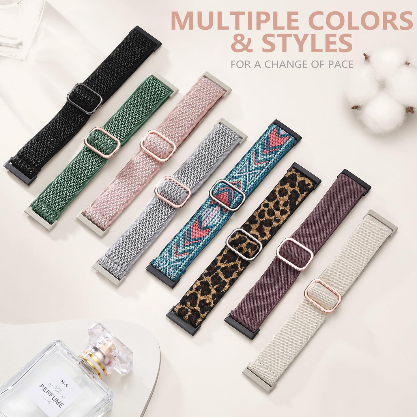 15 Pack Elastic Band Compatible with Fitbit Versa 4 Bands for Woman/Sense 2/Sense/Versa 3 Bands, Adjustable Stretchy Nylon Solo Loop Sport Strap for SmartWatch Replacement