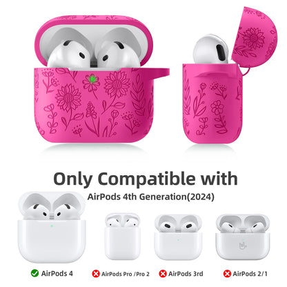 For Airpods 4 Case with Cleaner Kit, Cute Flower Engraved Silicone Protective Case Cover with Keychain Compatible with Apple Airpods 4 Case for Women