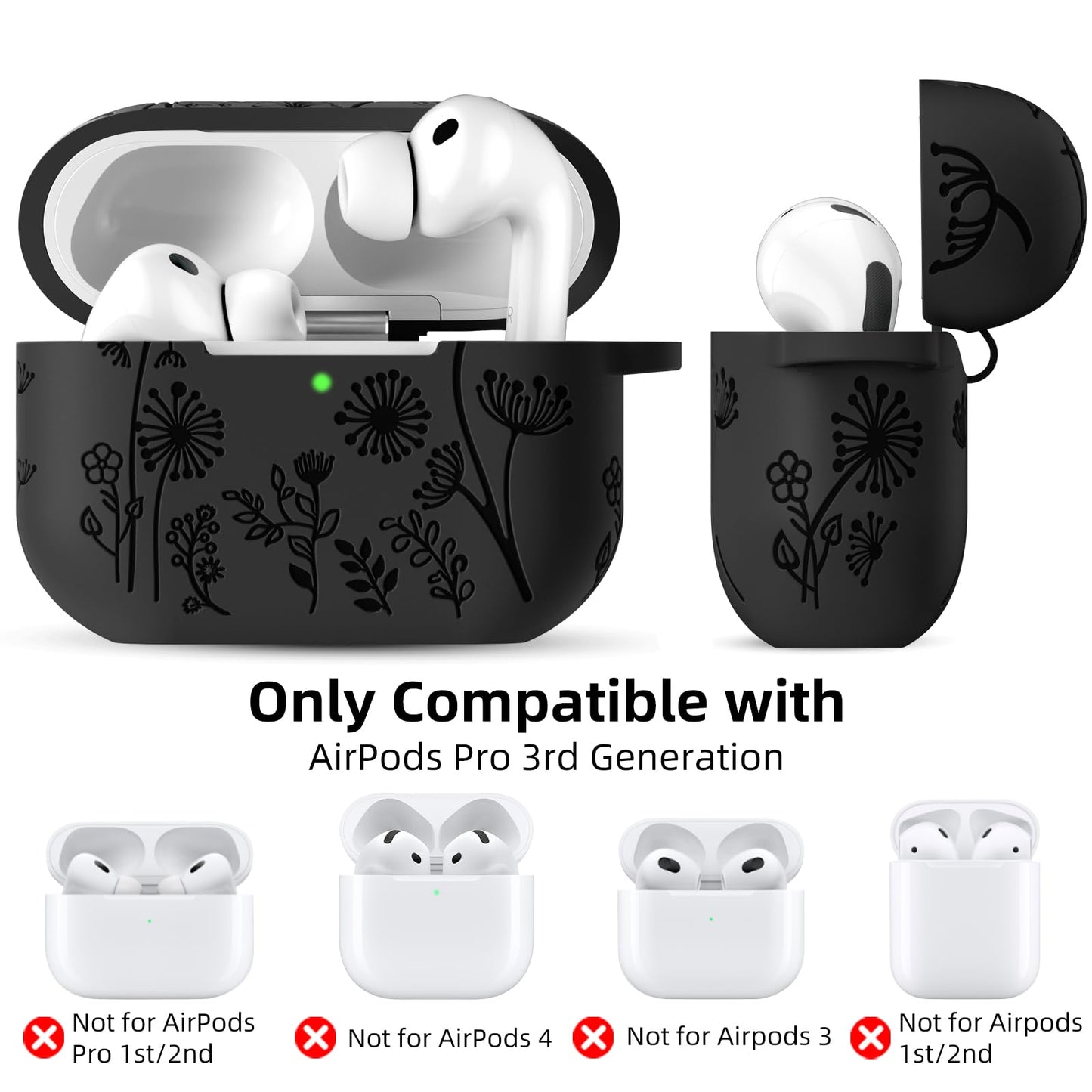 Comvin Compatible with AirPods Pro 3 Case Cover with Cleaner Kit, Cute Flower Engraved Silicone Protective Case for Apple Airpods Pro 3rd Generation (2025)