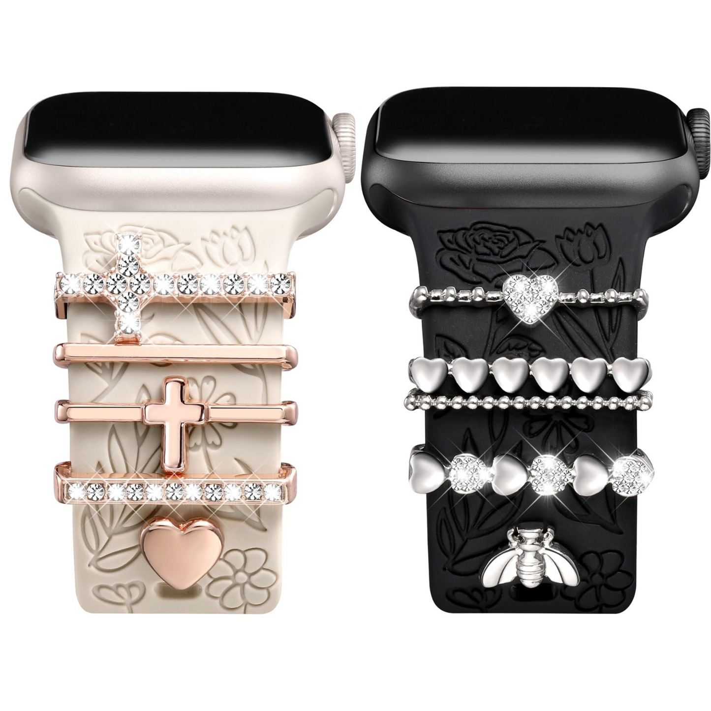 Flower Engraved Band Compatible with Apple Watch Bands for Women 40mm 38mm 41mm, Soft Silicone Band with Decorative Apple Watch Charms for iWatch Series 9 8 7 6 5 4 3 2 1 SE (With Band)