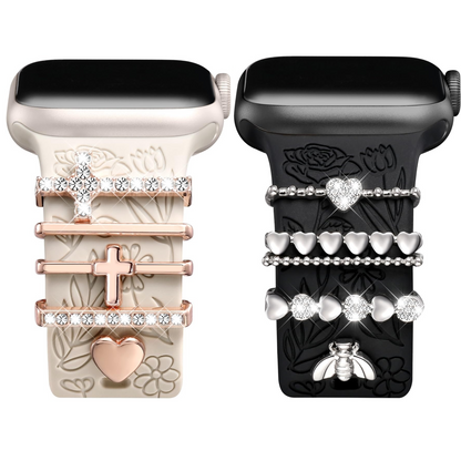 Flower Engraved Band Compatible with Apple Watch Bands for Women 40mm 38mm 41mm, Soft Silicone Band with Decorative Apple Watch Charms for iWatch Series 9 8 7 6 5 4 3 2 1 SE (With Band)