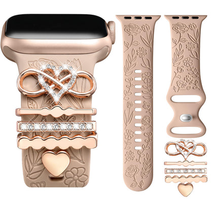 Flower Engraved Band Compatible with Apple Watch Bands for Women 40mm 38mm 41mm, Soft Silicone Band with Decorative Apple Watch Charms for iWatch Series 9 8 7 6 5 4 3 2 1 SE (With Band)