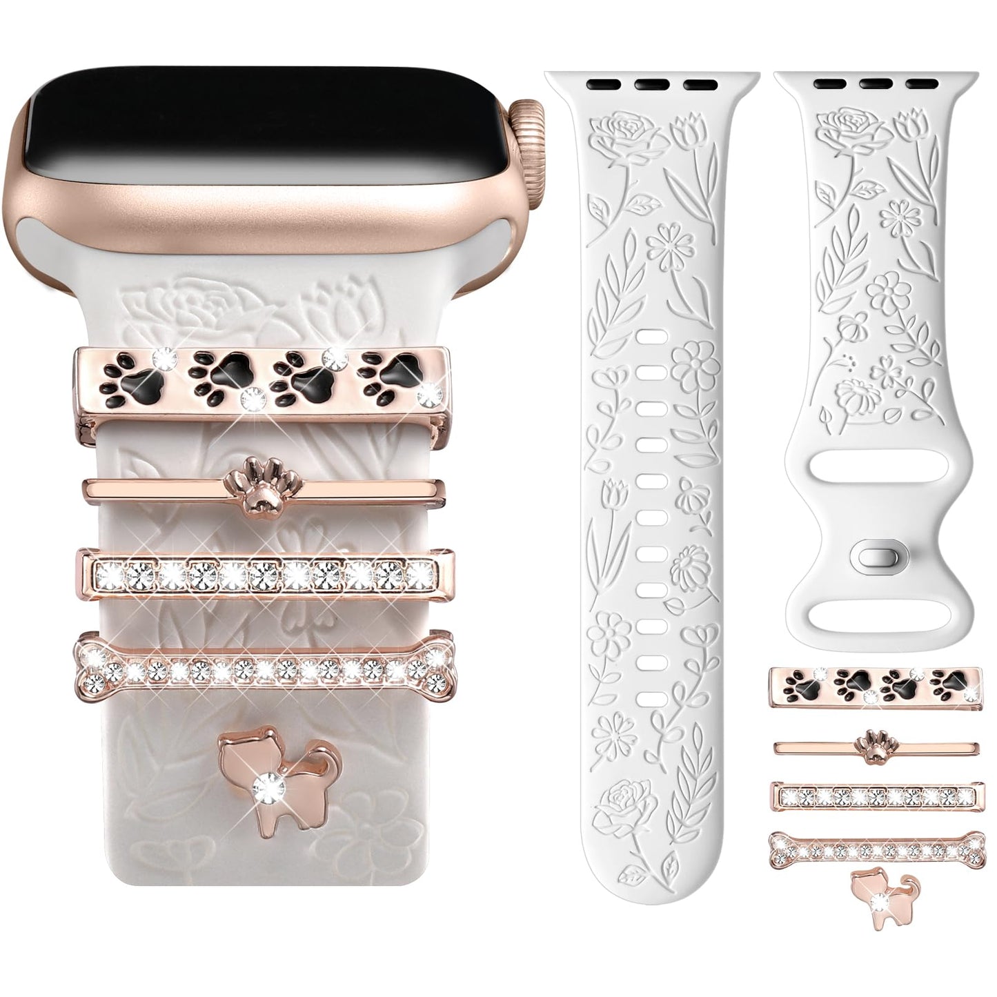 Flower Engraved Band Compatible with Apple Watch Bands for Women 40mm 38mm 41mm, Soft Silicone Band with Decorative Apple Watch Charms for iWatch Series 9 8 7 6 5 4 3 2 1 SE (With Band)