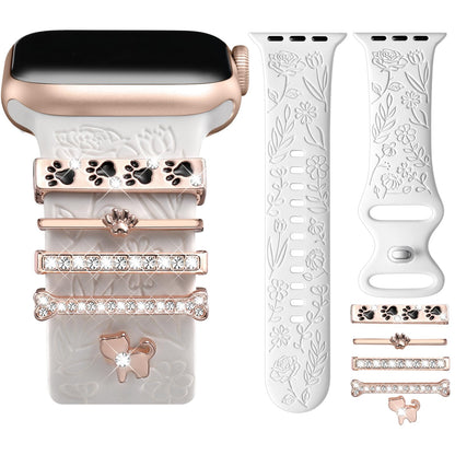 Flower Engraved Band Compatible with Apple Watch Bands for Women 40mm 38mm 41mm, Soft Silicone Band with Decorative Apple Watch Charms for iWatch Series 9 8 7 6 5 4 3 2 1 SE (With Band)