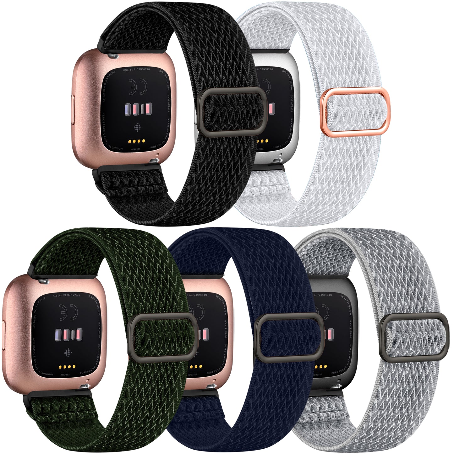 5 Pack Elastic Bands Compatible with Fitbit Versa 2/Versa/Versa Lite/Versa SE Watch Bands for Women Men, Adjustable Stretchy Nylon Solo Loop Sport Strap