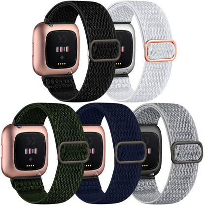 5 Pack Elastic Bands Compatible with Fitbit Versa 2/Versa/Versa Lite/Versa SE Watch Bands for Women Men, Adjustable Stretchy Nylon Solo Loop Sport Strap