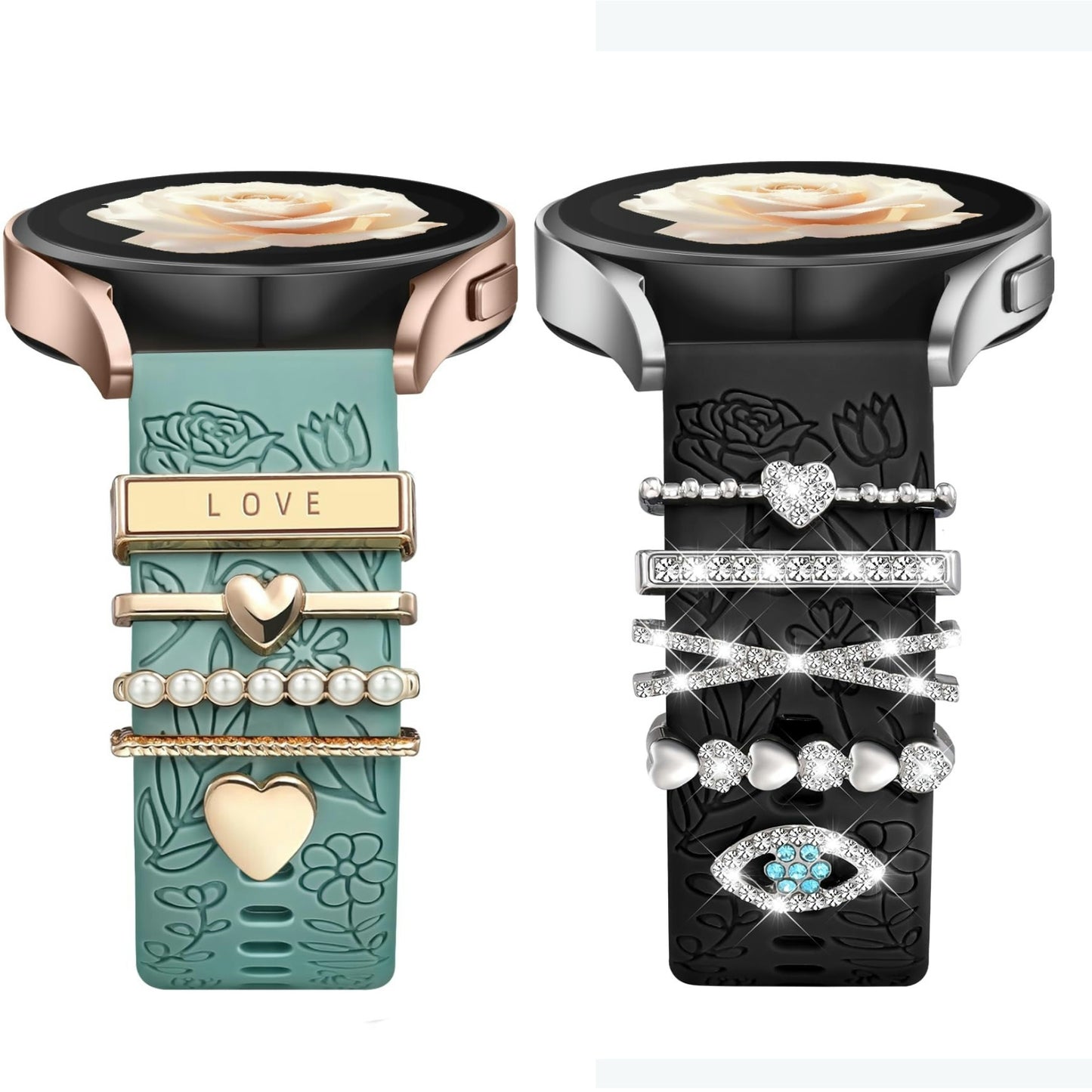 Flower Engraved Bands Compatible with Samsung Galaxy Watch 7 Band 6 5 4 Active 2 FE 40mm 44mm/Watch 6/4 Classic/5 Pro/3, 20mm Soft Silicone Strap with Decorative Charms Accessories for Women