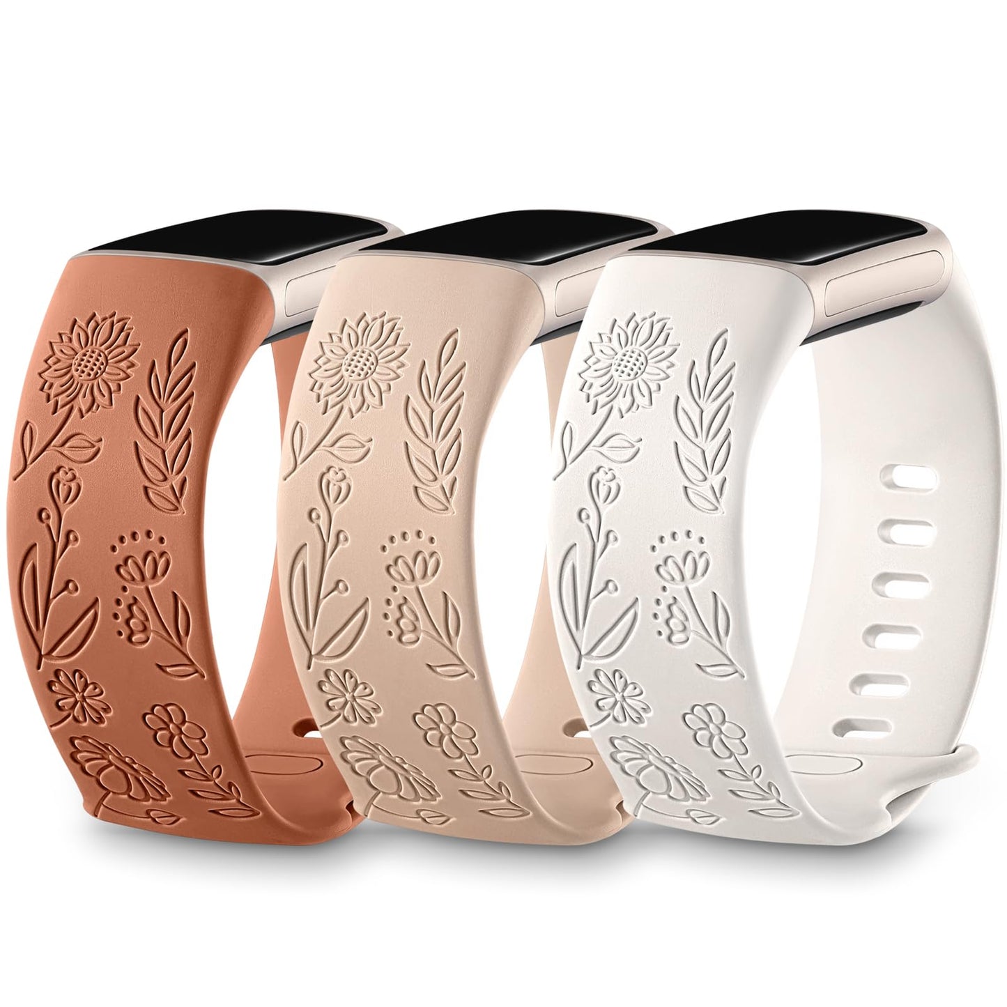 3 Packs Floral Engraved Band Compatible with Fitbit Charge 6 Bands/Fitbit Charge 5 Bands Women, Cute Soft Silicone Sunflower Pattern Sport Designer Fancy Summer Strap for Charge 6/5