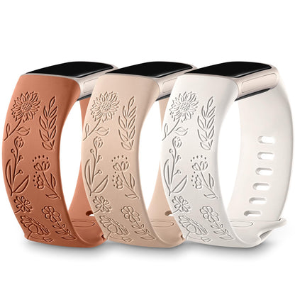 3 Packs Floral Engraved Band Compatible with Fitbit Charge 6 Bands/Fitbit Charge 5 Bands Women, Cute Soft Silicone Sunflower Pattern Sport Designer Fancy Summer Strap for Charge 6/5