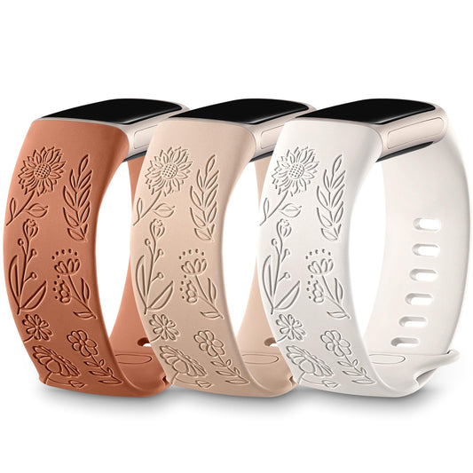 3 Packs Floral Engraved Band Compatible with Fitbit Charge 6 Bands/Fitbit Charge 5 Bands Women, Cute Soft Silicone Sunflower Pattern Sport Designer Fancy Summer Strap for Charge 6/5