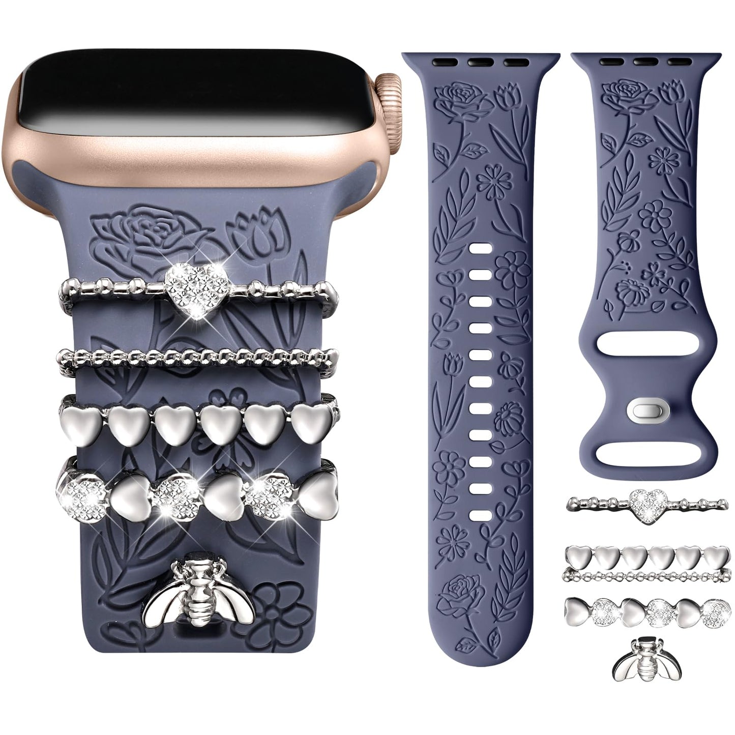 Flower Engraved Band Compatible with Apple Watch Bands for Women 40mm 38mm 41mm, Soft Silicone Band with Decorative Apple Watch Charms for iWatch Series 9 8 7 6 5 4 3 2 1 SE (With Band)