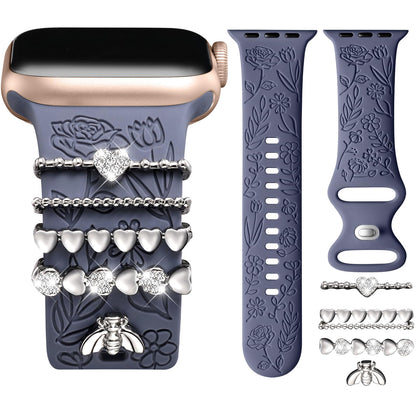 Flower Engraved Band Compatible with Apple Watch Bands for Women 40mm 38mm 41mm, Soft Silicone Band with Decorative Apple Watch Charms for iWatch Series 9 8 7 6 5 4 3 2 1 SE (With Band)