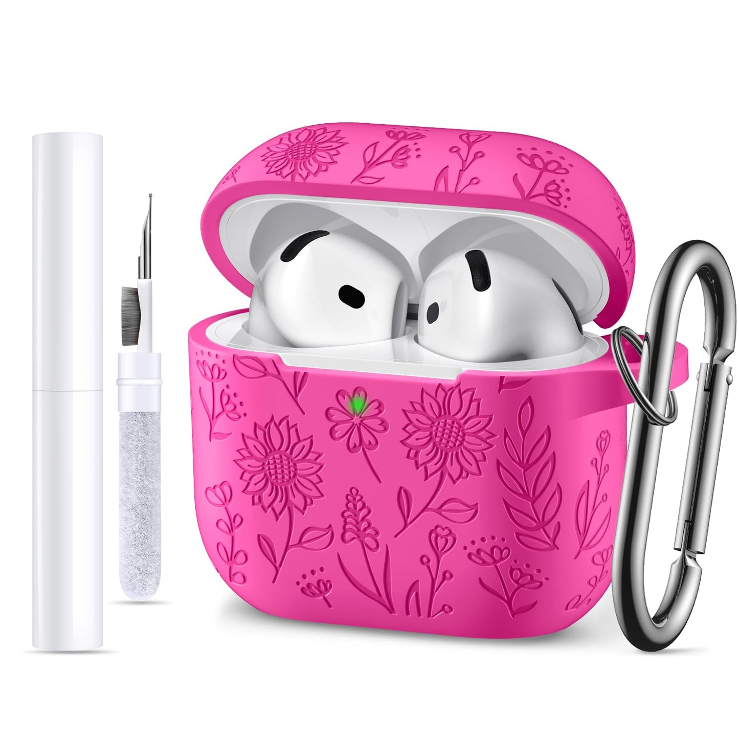 For Airpods 4 Case with Cleaner Kit, Cute Flower Engraved Silicone Protective Case Cover with Keychain Compatible with Apple Airpods 4 Case for Women