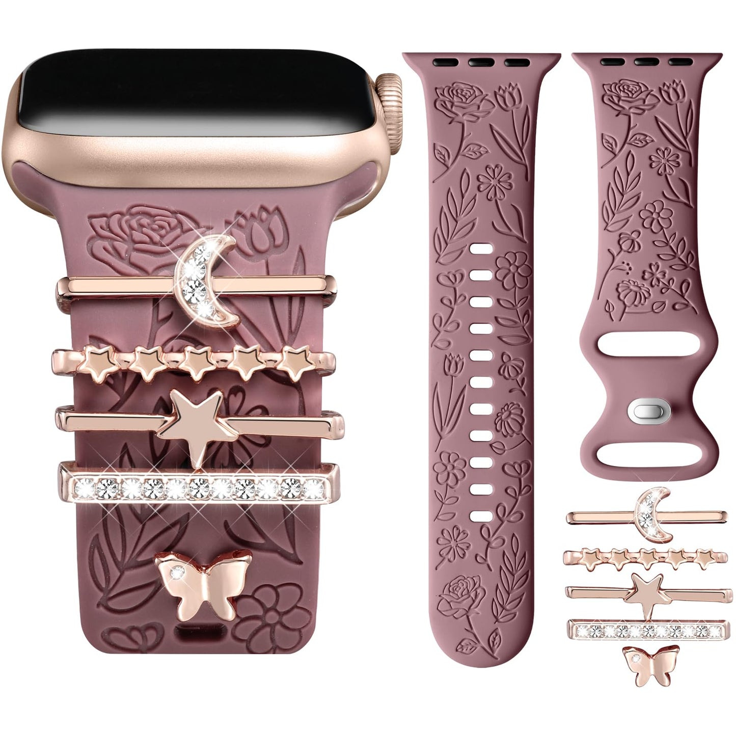 Flower Engraved Band Compatible with Apple Watch Bands for Women 40mm 38mm 41mm, Soft Silicone Band with Decorative Apple Watch Charms for iWatch Series 9 8 7 6 5 4 3 2 1 SE (With Band)