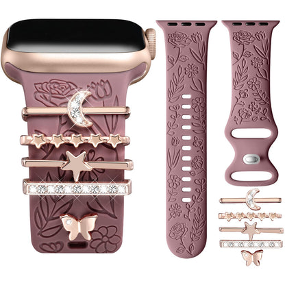 Flower Engraved Band Compatible with Apple Watch Bands for Women 40mm 38mm 41mm, Soft Silicone Band with Decorative Apple Watch Charms for iWatch Series 9 8 7 6 5 4 3 2 1 SE (With Band)