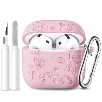 for Apple AirPods 4 Case Cover 2024, Cute Flower Engraved Silicone Case for AirPods 4 Case with Cleaner Kit & Keychain for Women Men