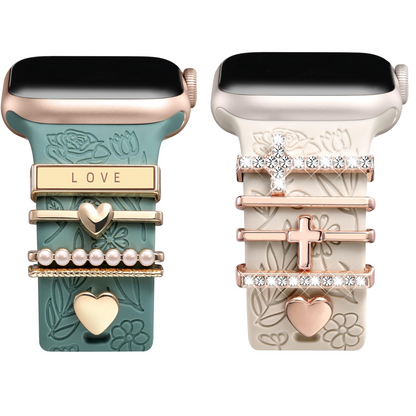 Flower Engraved Band Compatible with Apple Watch Bands for Women 40mm 38mm 41mm, Soft Silicone Band with Decorative Apple Watch Charms for iWatch Series 9 8 7 6 5 4 3 2 1 SE (With Band)