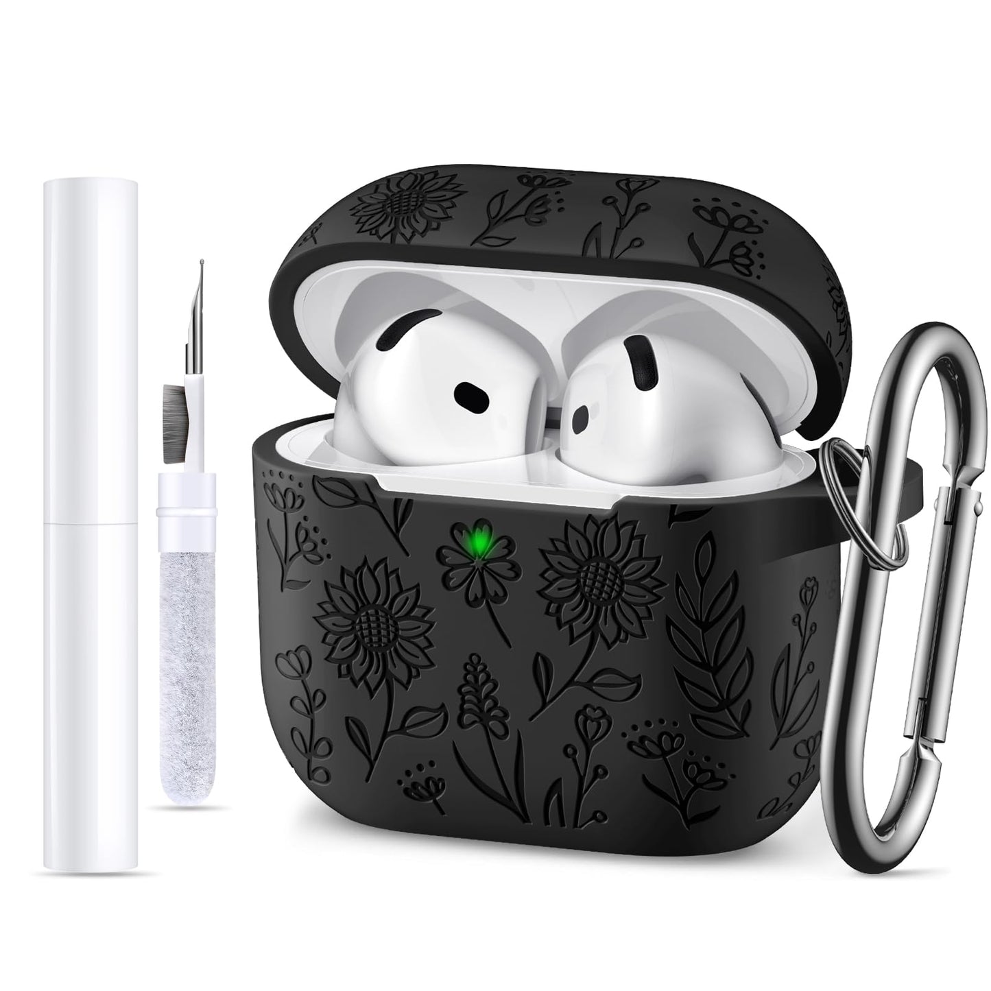 For Airpods 4 Case with Cleaner Kit, Cute Flower Engraved Silicone Protective Case Cover with Keychain Compatible with Apple Airpods 4 Case for Women