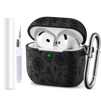 For Airpods 4 Case with Cleaner Kit, Cute Flower Engraved Silicone Protective Case Cover with Keychain Compatible with Apple Airpods 4 Case for Women