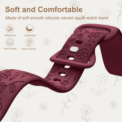 Comvin Floral Engraved Compatible With Apple Watch Bands 40mm 41mm 38mm 42mm 45mm 44mm 49mm for Women Lady Girls, 4 Pack Cute Fancy Bands Fits For iWatch Ultra Series 11 10 9 8 7 6 5 4 3 SE