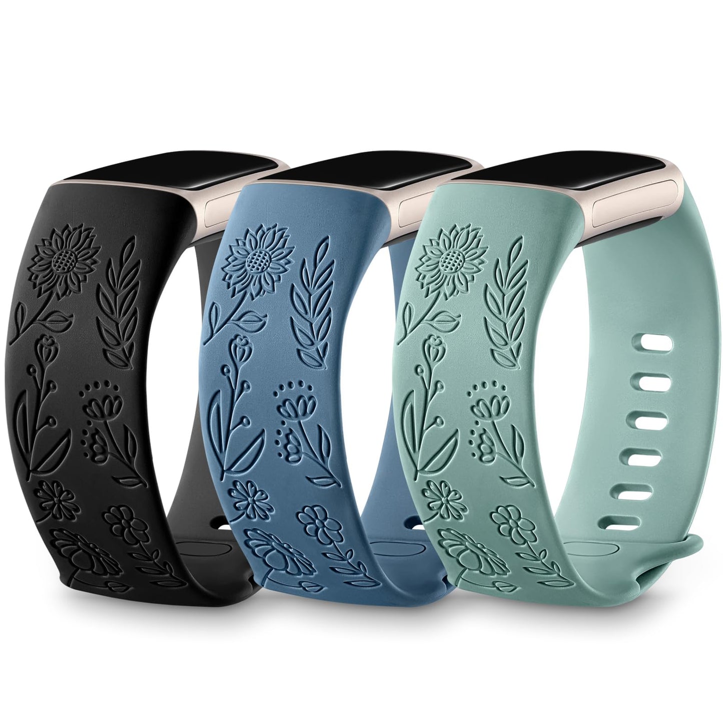 3 Packs Floral Engraved Band Compatible with Fitbit Charge 6 Bands/Fitbit Charge 5 Bands Women, Cute Soft Silicone Sunflower Pattern Sport Designer Fancy Summer Strap for Charge 6/5