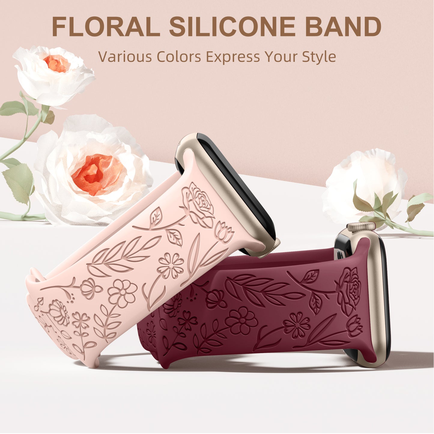 Comvin Floral Engraved Compatible With Apple Watch Bands 40mm 41mm 38mm 42mm 45mm 44mm 49mm for Women Lady Girls, 4 Pack Cute Fancy Bands Fits For iWatch Ultra Series 11 10 9 8 7 6 5 4 3 SE