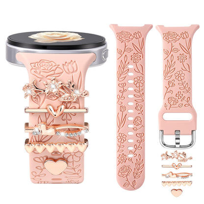 Comvin Flower Engraved Band Compatible with Samsung Galaxy Watch 8 Band 40mm 44mm/Galaxy Watch 8 Classic 46mm, Cute Soft Silicone Band with Charms Accessories for Women (With Band)