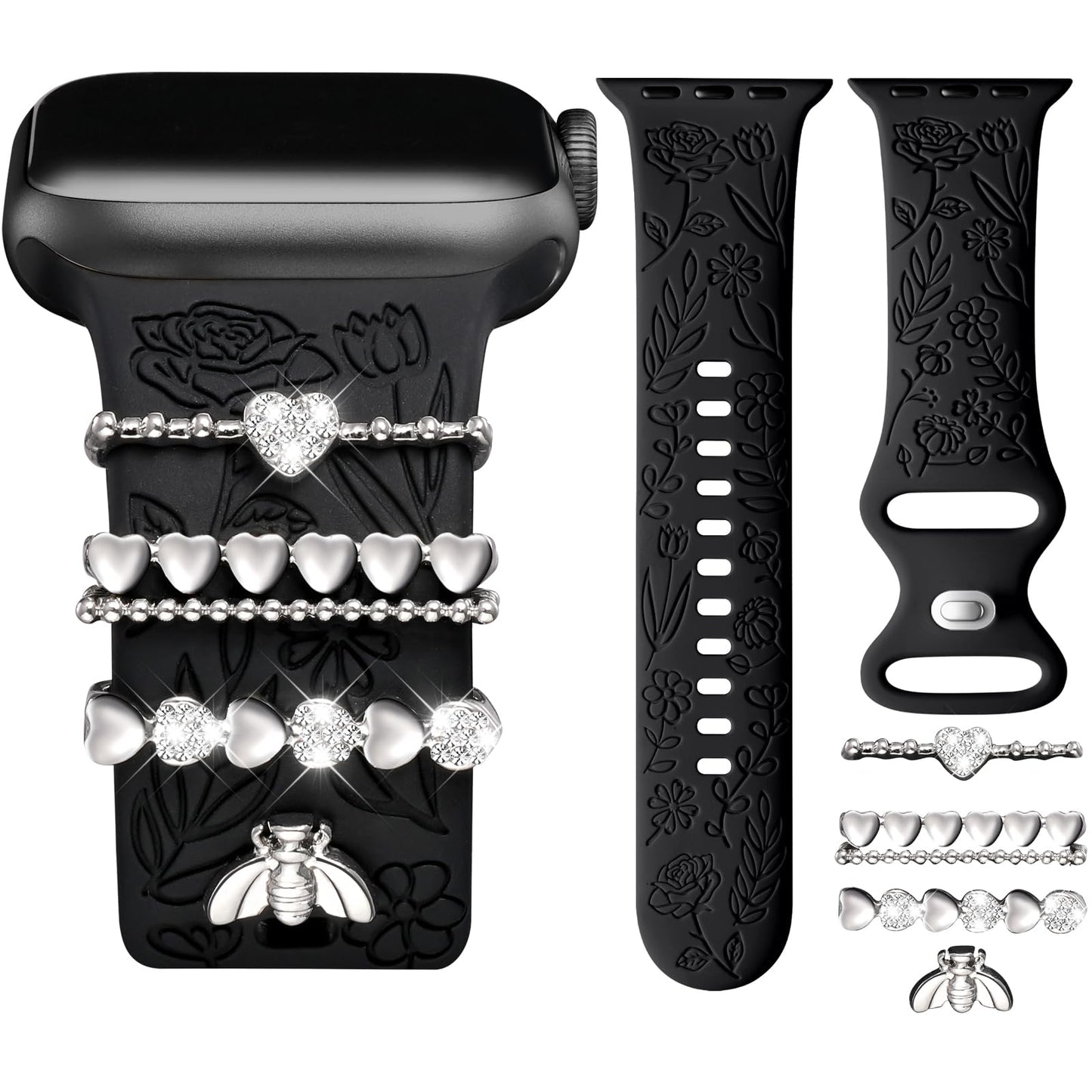 Flower Engraved Band Compatible with Apple Watch Bands for Women 40mm 38mm 41mm, Soft Silicone Band with Decorative Apple Watch Charms for iWatch Series 9 8 7 6 5 4 3 2 1 SE (With Band)