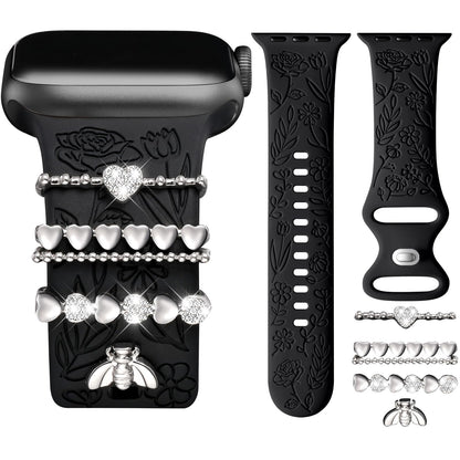Flower Engraved Band Compatible with Apple Watch Bands for Women 40mm 38mm 41mm, Soft Silicone Band with Decorative Apple Watch Charms for iWatch Series 9 8 7 6 5 4 3 2 1 SE (With Band)