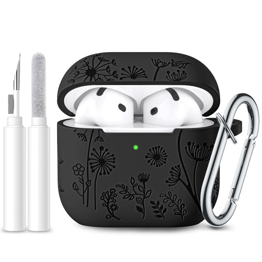 for Apple AirPods 4 Case Cover 2024, Cute Flower Engraved Silicone Case for AirPods 4 Case with Cleaner Kit & Keychain for Women Men