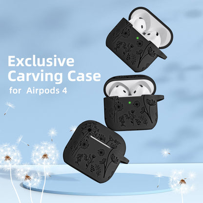for Apple AirPods 4 Case Cover 2024, Cute Flower Engraved Silicone Case for AirPods 4 Case with Cleaner Kit & Keychain for Women Men