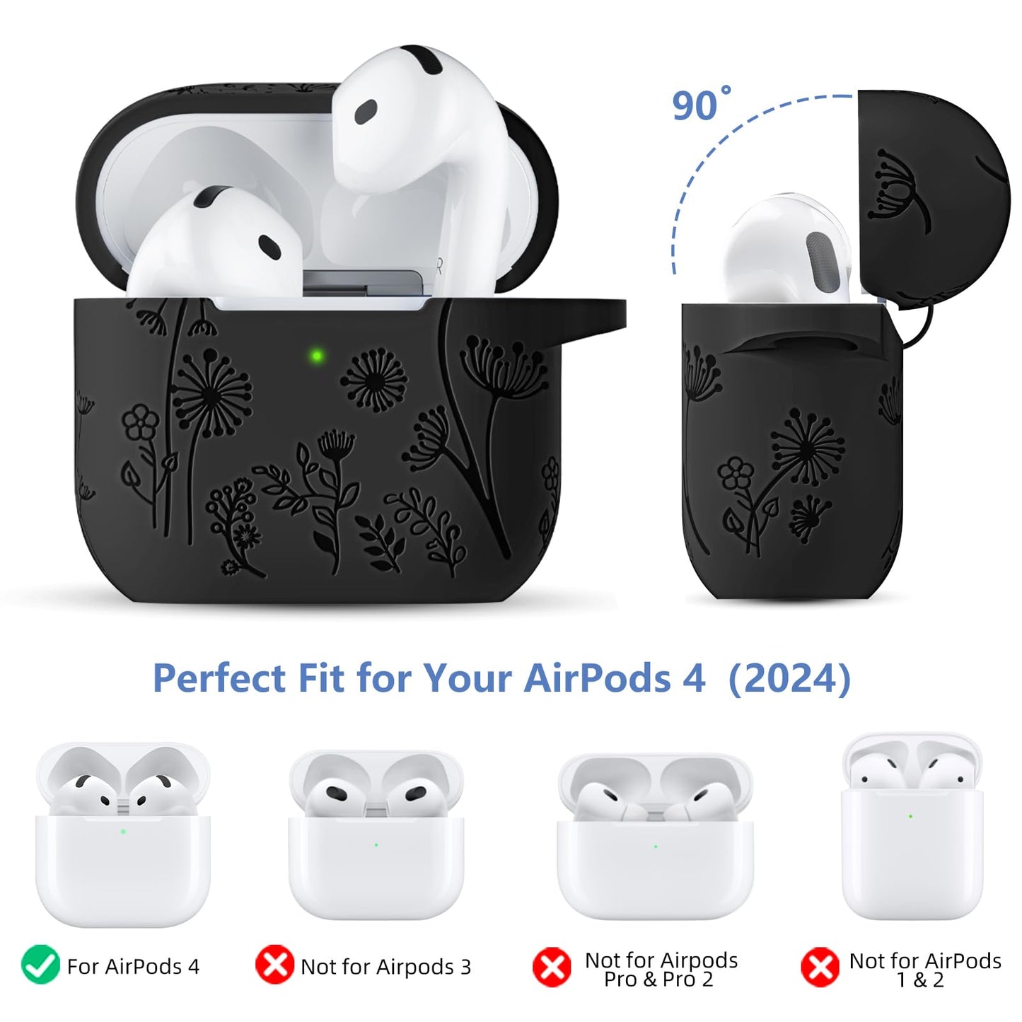for Apple AirPods 4 Case Cover 2024, Cute Flower Engraved Silicone Case for AirPods 4 Case with Cleaner Kit & Keychain for Women Men