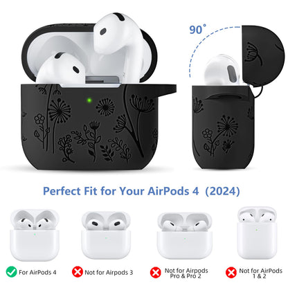 for Apple AirPods 4 Case Cover 2024, Cute Flower Engraved Silicone Case for AirPods 4 Case with Cleaner Kit & Keychain for Women Men
