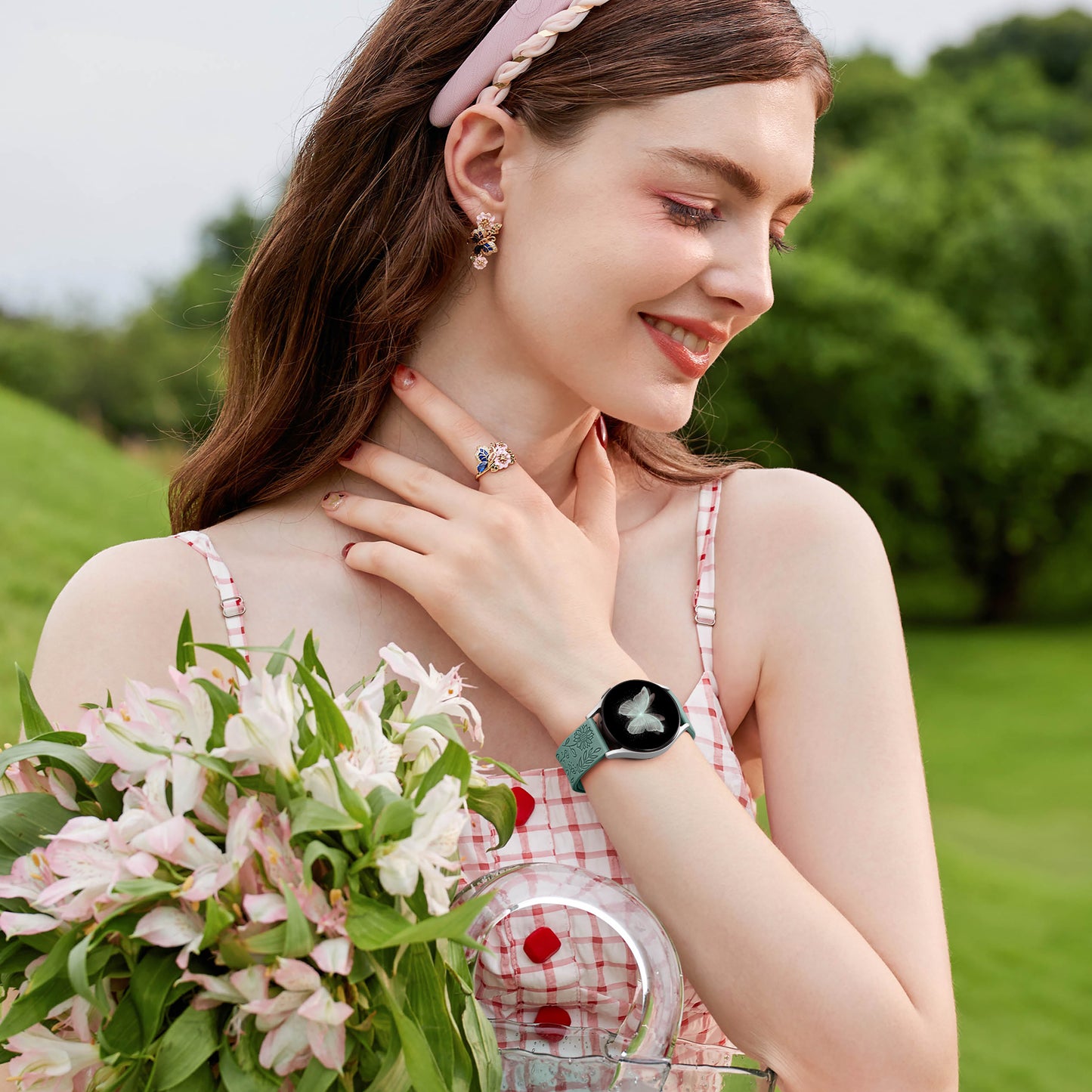 Comvin Compatible With Samsung Galaxy Watch 7 6 5 4 Bands 40mm 44mm/Watch 6 Classic 47mm 43mm/Watch 5 Pro Bands 45mm for Women Lady Girl, Silicone Dressy Fancy Floral Wristbands