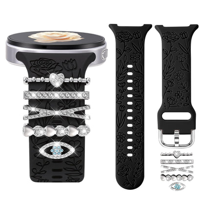 Comvin Flower Engraved Band Compatible with Samsung Galaxy Watch 8 Band 40mm 44mm/Galaxy Watch 8 Classic 46mm, Cute Soft Silicone Band with Charms Accessories for Women (With Band)
