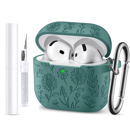 For Airpods 4 Case with Cleaner Kit, Cute Flower Engraved Silicone Protective Case Cover with Keychain Compatible with Apple Airpods 4 Case for Women