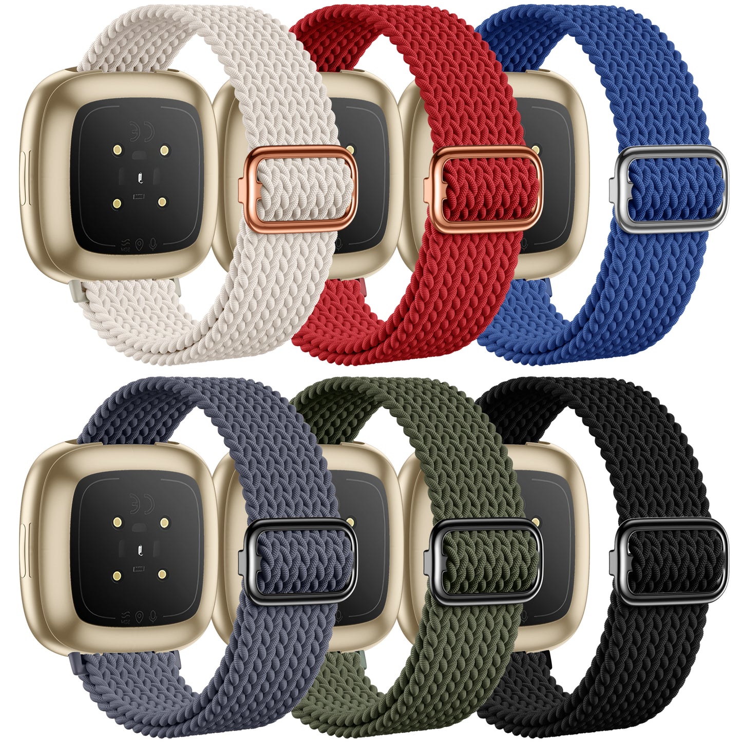 6 Pack Braided Elastic Band Compatible with Fitbit Versa 4/Fitbit Versa 3/Fitbit Sense/Fitbit Sense 2 Bands Women Men, Adjustable Stretchy Solo Loop Nylon Sport Straps Wristband