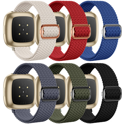 6 Pack Braided Elastic Band Compatible with Fitbit Versa 4/Fitbit Versa 3/Fitbit Sense/Fitbit Sense 2 Bands Women Men, Adjustable Stretchy Solo Loop Nylon Sport Straps Wristband