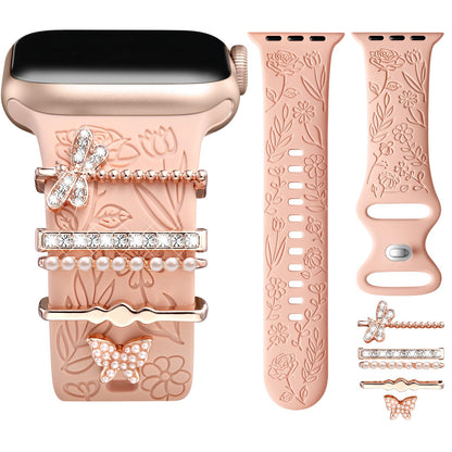 Flower Engraved Band Compatible with Apple Watch Bands for Women 40mm 38mm 41mm, Soft Silicone Band with Decorative Apple Watch Charms for iWatch Series 9 8 7 6 5 4 3 2 1 SE (With Band)