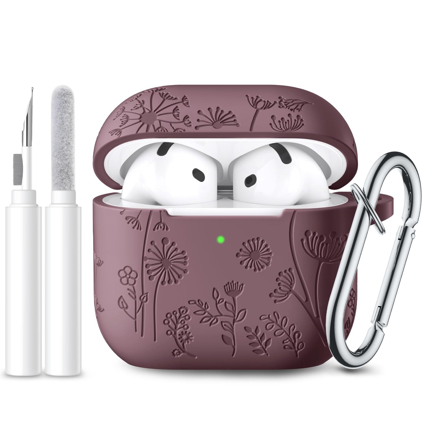 for Apple AirPods 4 Case Cover 2024, Cute Flower Engraved Silicone Case for AirPods 4 Case with Cleaner Kit & Keychain for Women Men